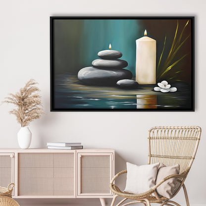 Zen Candles And Stacked Rocks Painting, Yoga Room Decor, Framed Canvas Print Wall Art, Floating Frame