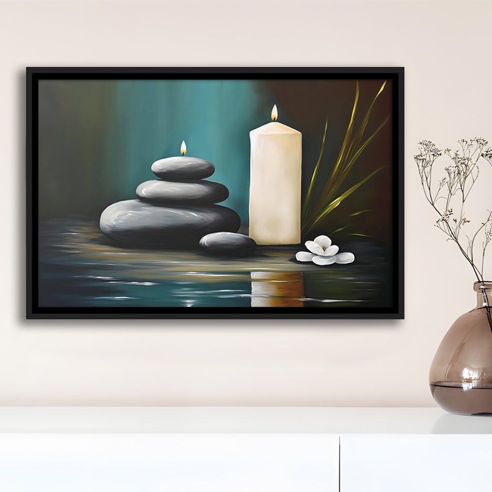 Zen Candles And Stacked Rocks Painting, Yoga Room Decor, Framed Canvas Print Wall Art, Floating Frame