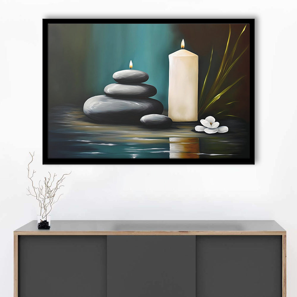 Zen Candles And Stacked Rocks Painting, Yoga Room Decor, Framed Art Print Wall Decor, Picture Framed