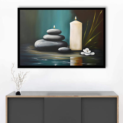 Zen Candles And Stacked Rocks Painting, Yoga Room Decor, Framed Art Print Wall Decor, Picture Framed