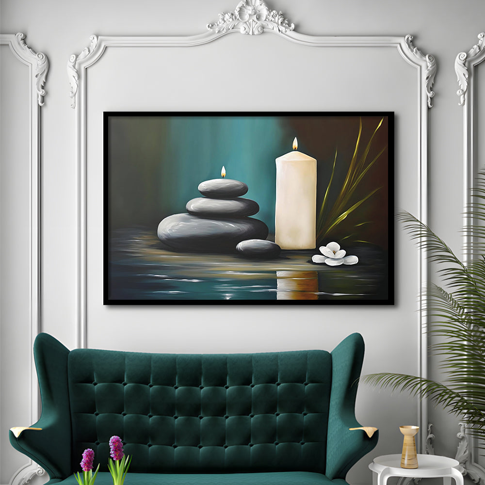 Zen Candles And Stacked Rocks Painting, Yoga Room Decor, Framed Art Print Wall Decor, Picture Framed