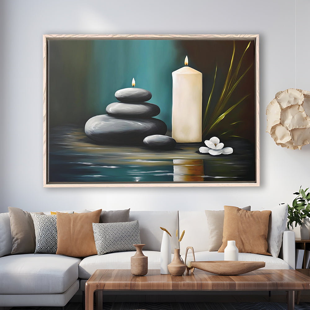 Zen Candles And Stacked Rocks Painting, Yoga Room Decor, Framed Canvas Print Wall Art, Floating Frame
