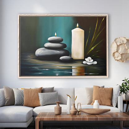 Zen Candles And Stacked Rocks Painting, Yoga Room Decor, Framed Canvas Print Wall Art, Floating Frame