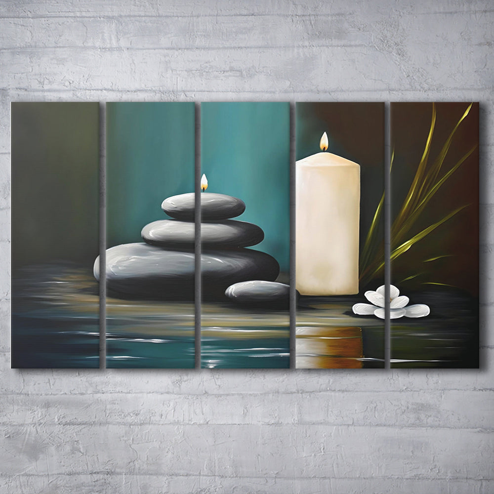 Zen Candles And Stacked Rocks Painting, Yoga Room Decor, 5 Panel B Canvas Print Wall Art, Extra Large Canvas
