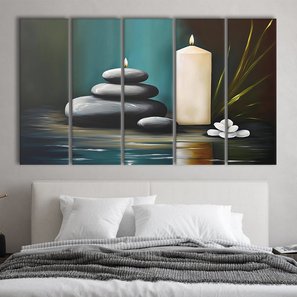 Zen Candles And Stacked Rocks Painting, Yoga Room Decor, 5 Panel B Canvas Print Wall Art, Extra Large Canvas