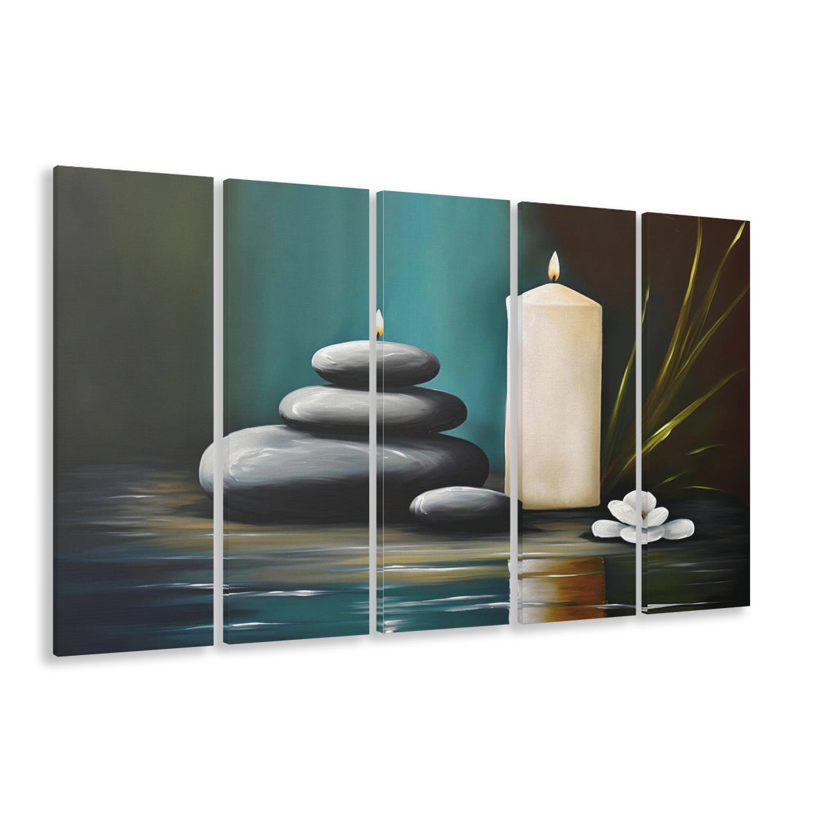 Zen Candles And Stacked Rocks Painting, Yoga Room Decor, 5 Panel B Canvas Print Wall Art, Extra Large Canvas