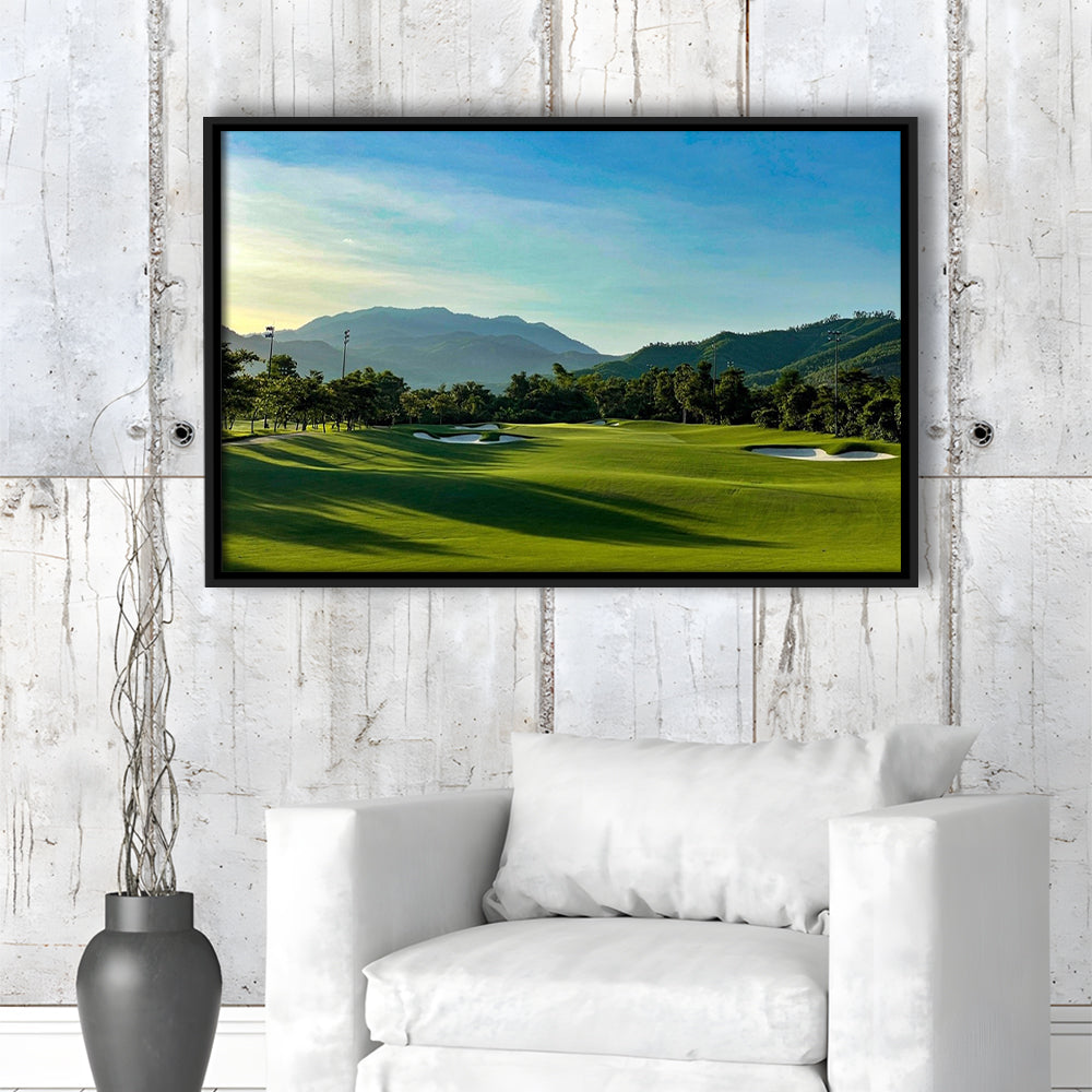 Beautiful Golf Course During A Summer Day, Floating Framed Canvas Print Wall Art