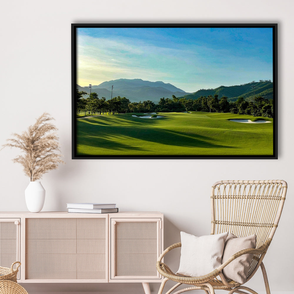 Beautiful Golf Course During A Summer Day, Floating Framed Canvas Print Wall Art