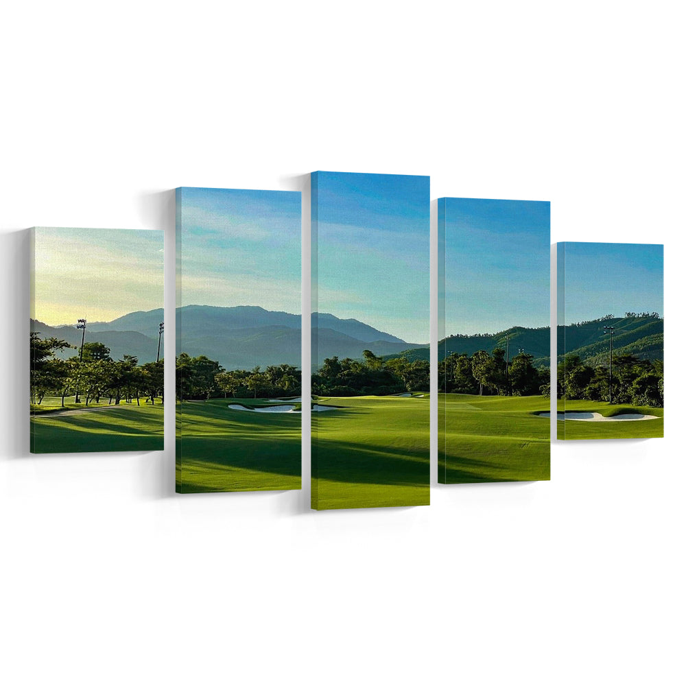 Beautiful Golf Course During A Summer Day, Golf Art Print, 5 Pieces Mixed Canvas Print Wall Art