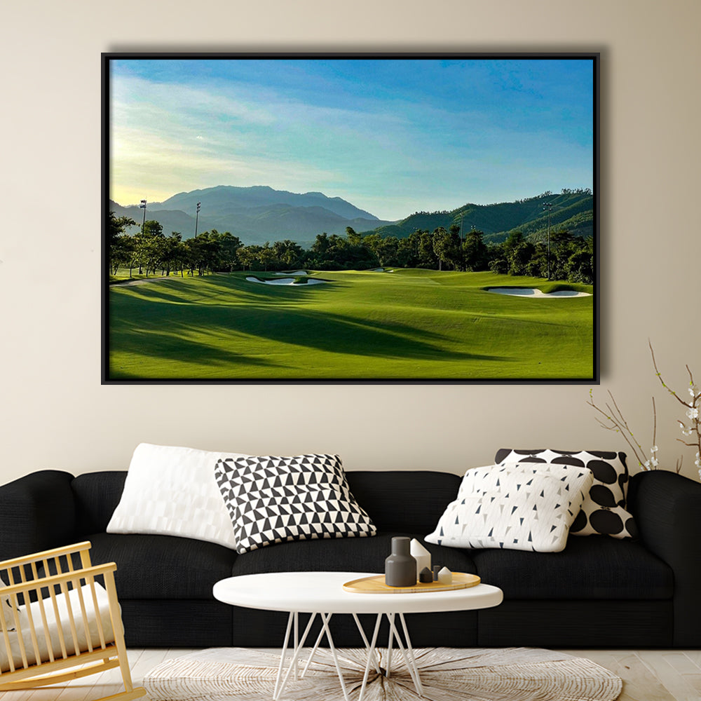 Beautiful Golf Course During A Summer Day, Floating Framed Canvas Print Wall Art