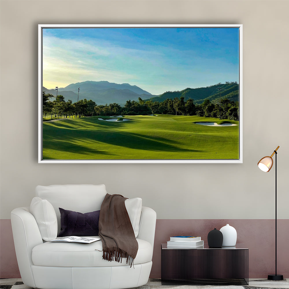 Beautiful Golf Course During A Summer Day, Floating Framed Canvas Print Wall Art