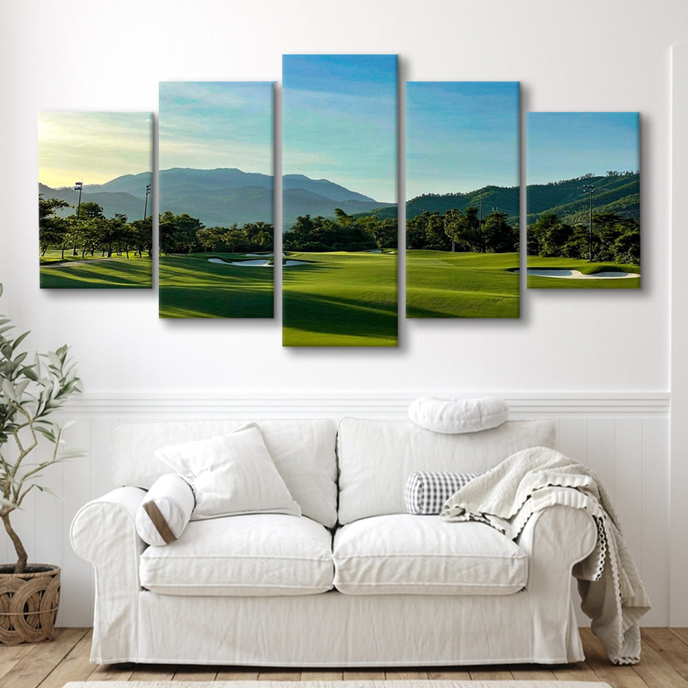 Beautiful Golf Course During A Summer Day, Golf Art Print, 5 Pieces Mixed Canvas Print Wall Art