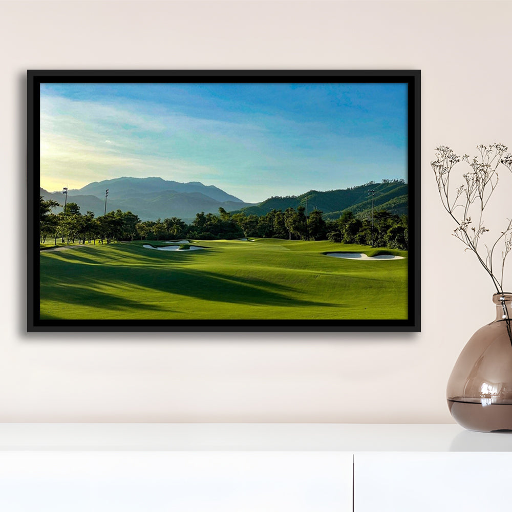 Beautiful Golf Course During A Summer Day, Floating Framed Canvas Print Wall Art