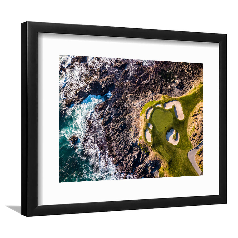 Golf Course Next To The Ocean With Waves, Goft Art Print, Framed Art Print White Border Wall Decor