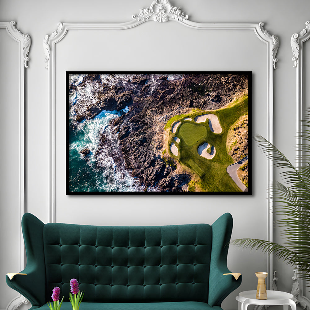 Golf Course Next To The Ocean With Waves, Framed Art Print Wall Decor, Picture Framed