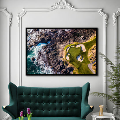 Golf Course Next To The Ocean With Waves, Framed Art Print Wall Decor, Picture Framed
