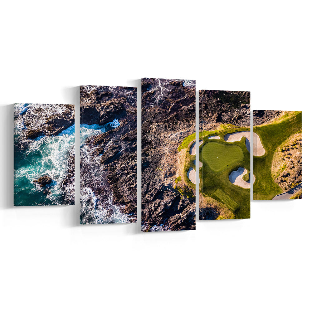Golf Course Next To The Ocean With Waves, Golf Art Print, 5 Pieces Mixed Canvas Print Wall Art