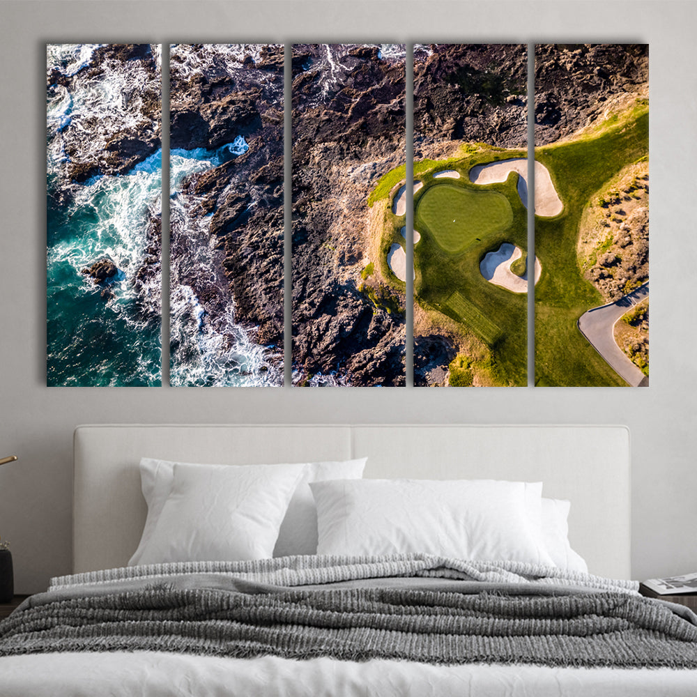 Golf Course Next To The Ocean With Waves, Golf Art Print, Extra Large Canvas Print Wall Art