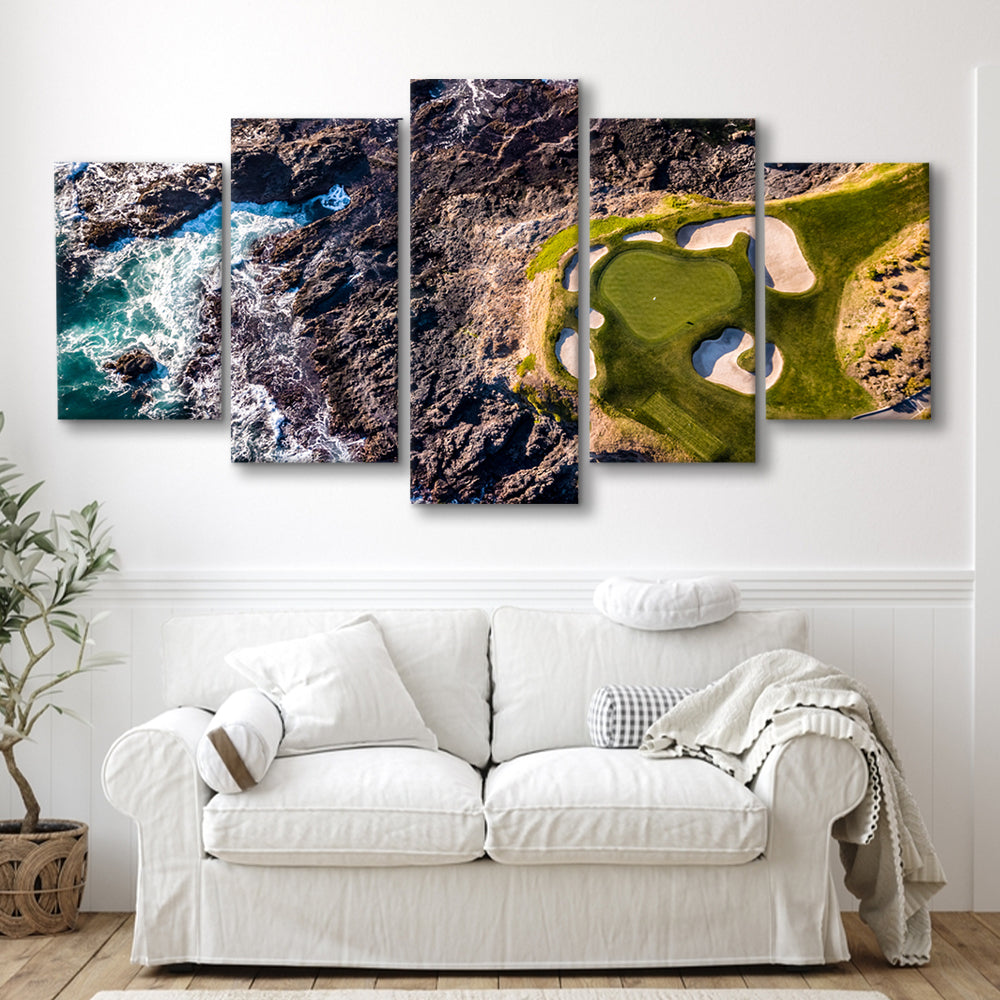Golf Course Next To The Ocean With Waves, Golf Art Print, 5 Pieces Mixed Canvas Print Wall Art