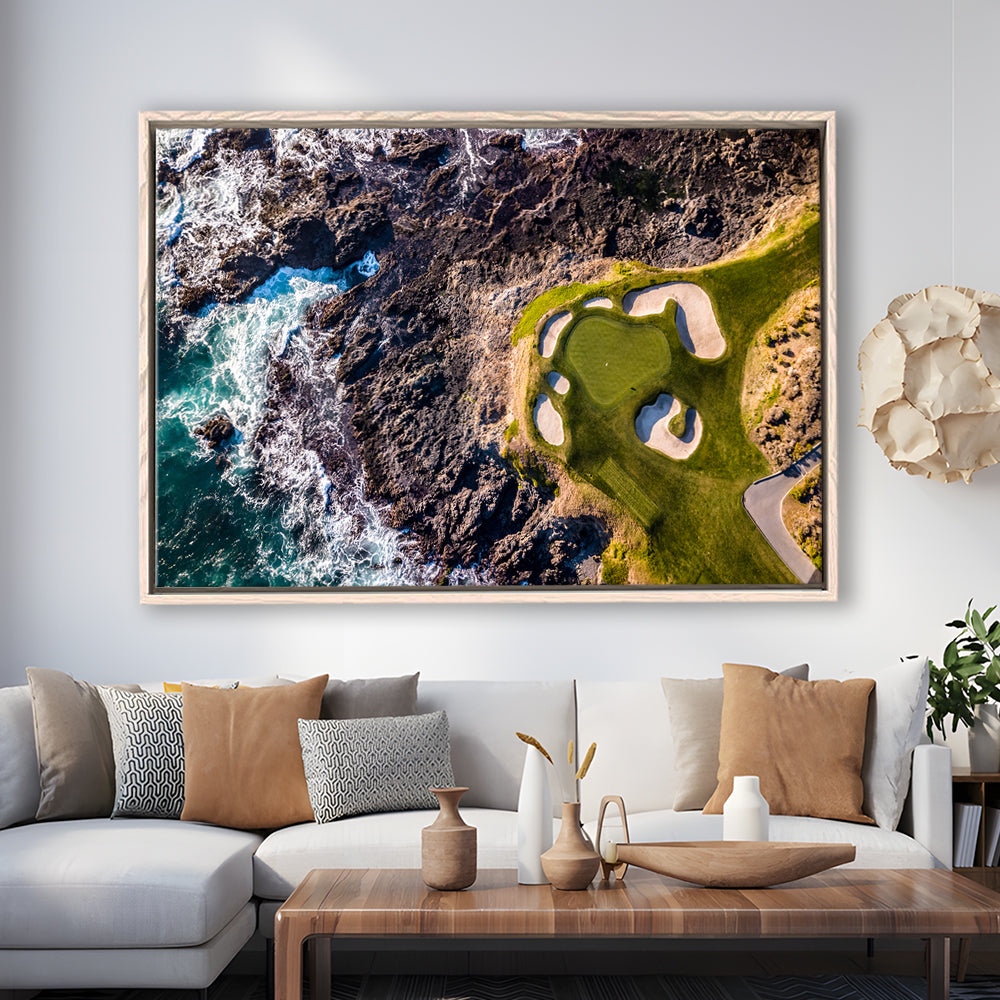 Golf Course Next To The Ocean With Waves, Floating Framed Canvas Print Wall Art