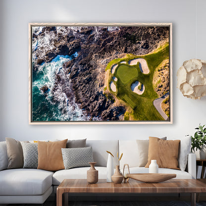 Golf Course Next To The Ocean With Waves, Floating Framed Canvas Print Wall Art
