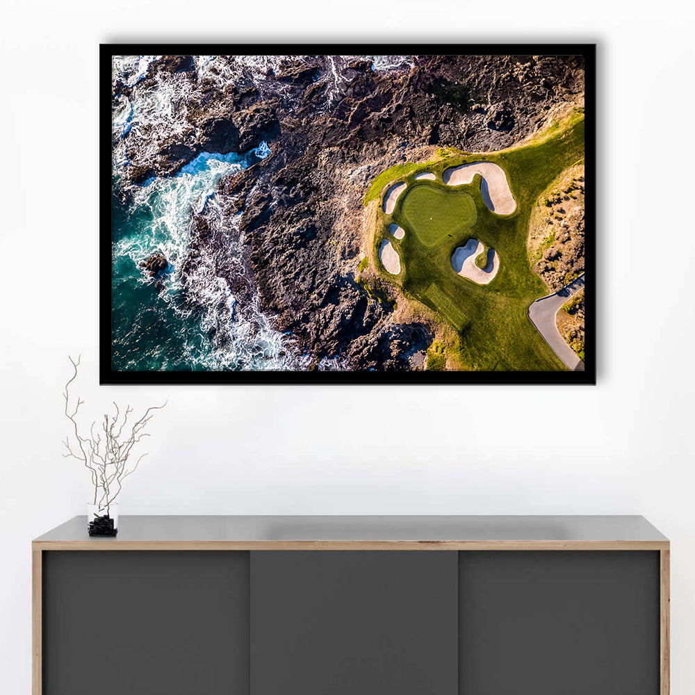 Golf Course Next To The Ocean With Waves, Framed Art Print Wall Decor, Picture Framed