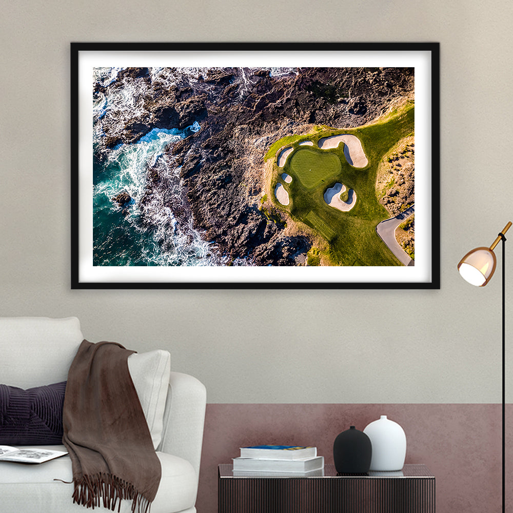 Golf Course Next To The Ocean With Waves, Goft Art Print, Framed Art Print White Border Wall Decor