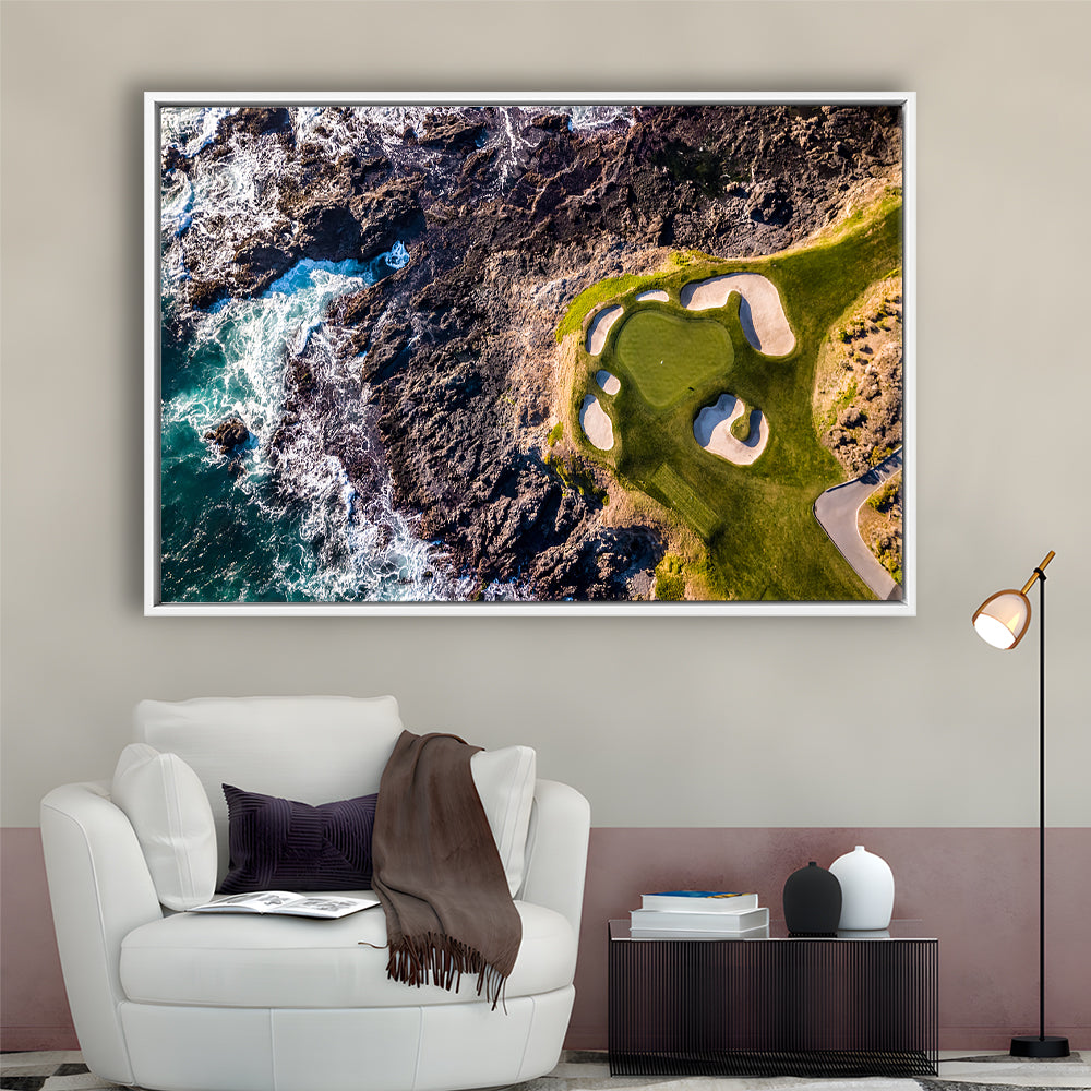 Golf Course Next To The Ocean With Waves, Floating Framed Canvas Print Wall Art