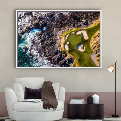 Golf Course Next To The Ocean With Waves, Floating Framed Canvas Print Wall Art
