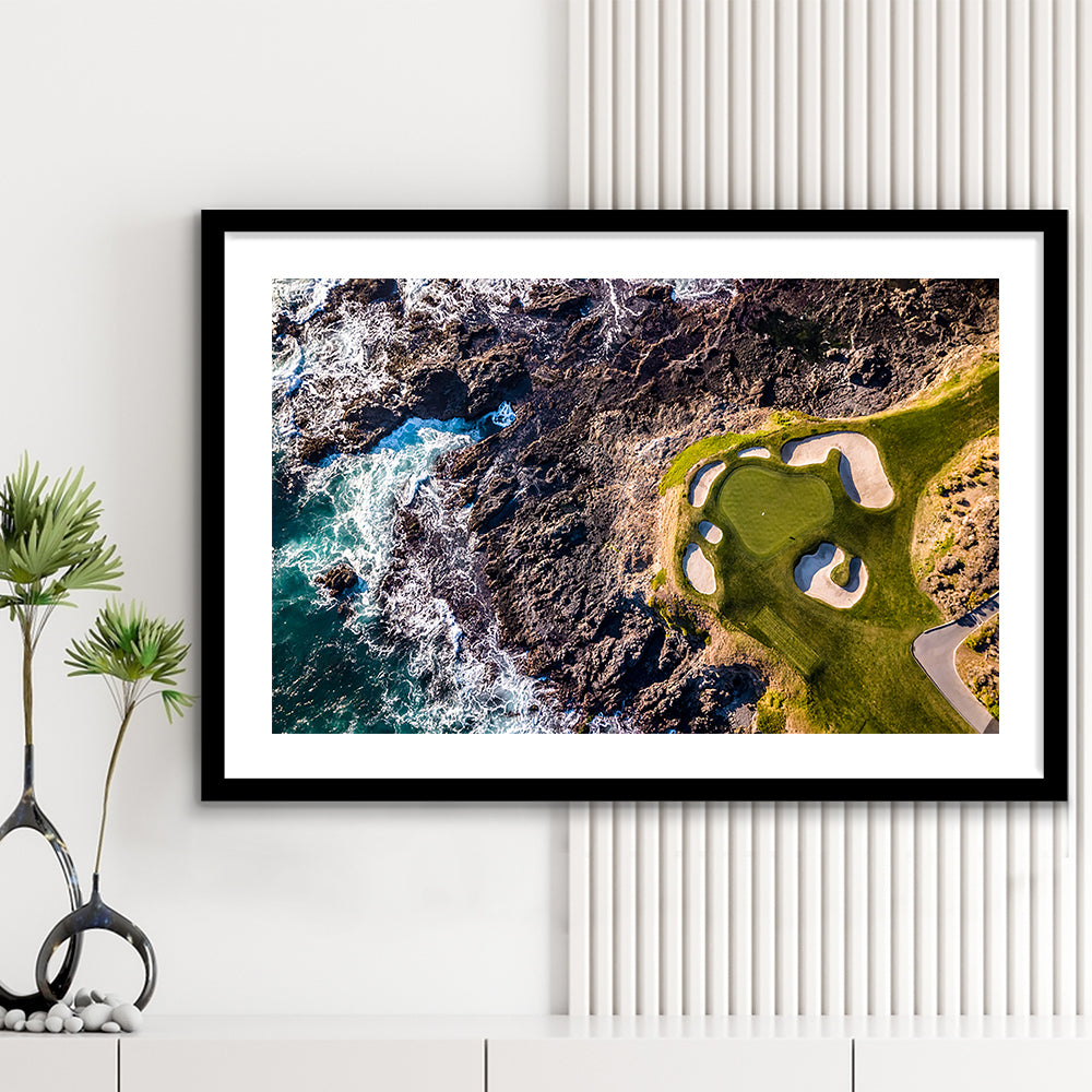 Golf Course Next To The Ocean With Waves, Goft Art Print, Framed Art Print White Border Wall Decor