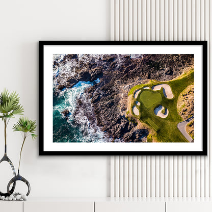 Golf Course Next To The Ocean With Waves, Goft Art Print, Framed Art Print White Border Wall Decor