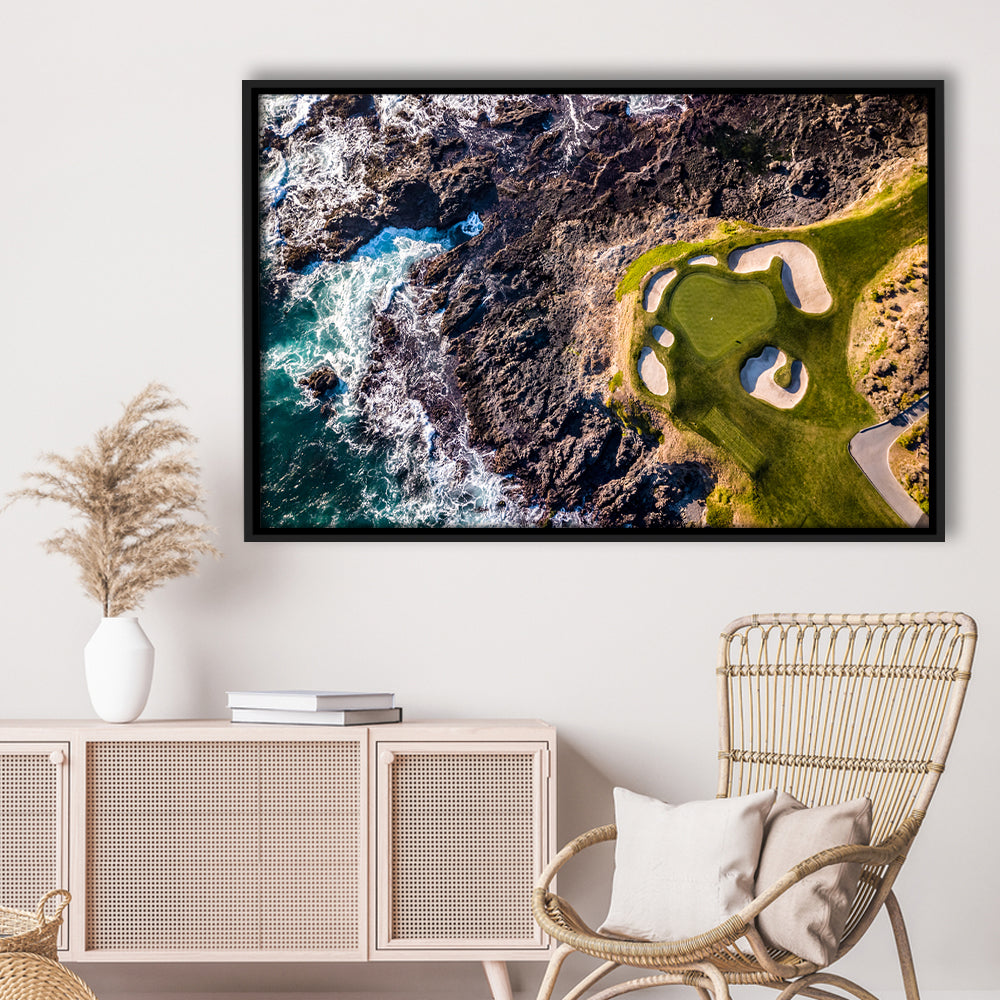 Golf Course Next To The Ocean With Waves, Floating Framed Canvas Print Wall Art