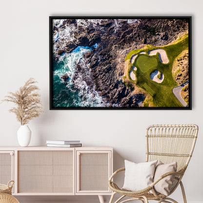 Golf Course Next To The Ocean With Waves, Floating Framed Canvas Print Wall Art