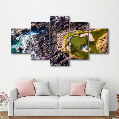 Golf Course Next To The Ocean With Waves, Golf Art Print, 5 Pieces Mixed Canvas Print Wall Art