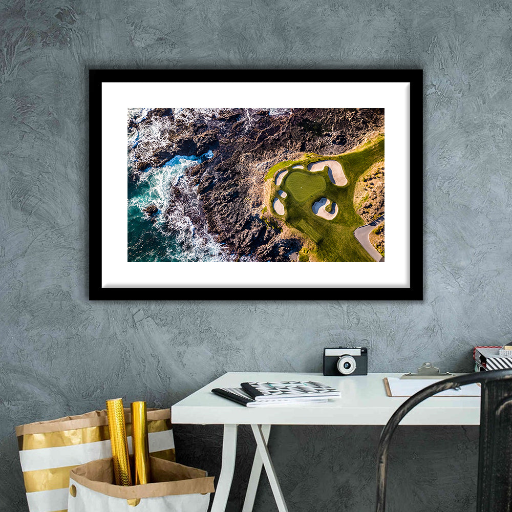 Golf Course Next To The Ocean With Waves, Goft Art Print, Framed Art Print White Border Wall Decor