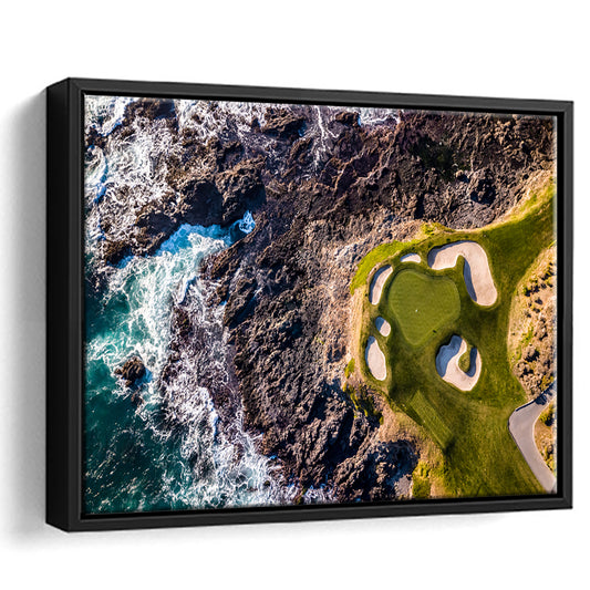 Golf Course Next To The Ocean With Waves, Floating Framed Canvas Print Wall Art