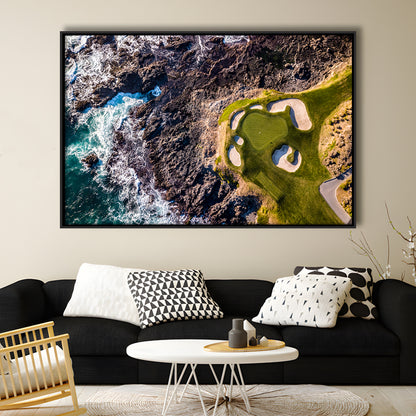 Golf Course Next To The Ocean With Waves, Floating Framed Canvas Print Wall Art