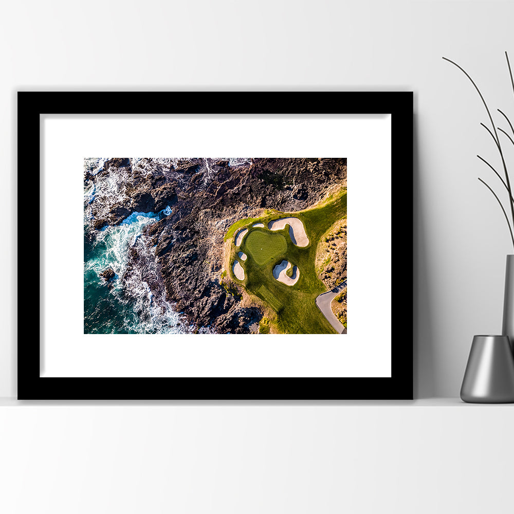 Golf Course Next To The Ocean With Waves, Goft Art Print, Framed Art Print White Border Wall Decor
