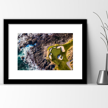 Golf Course Next To The Ocean With Waves, Goft Art Print, Framed Art Print White Border Wall Decor