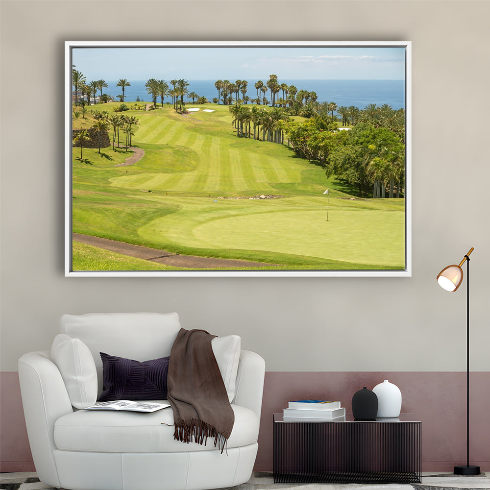 Green Golf Course, Palm And Good Holiday, Floating Framed Canvas Print Wall Art