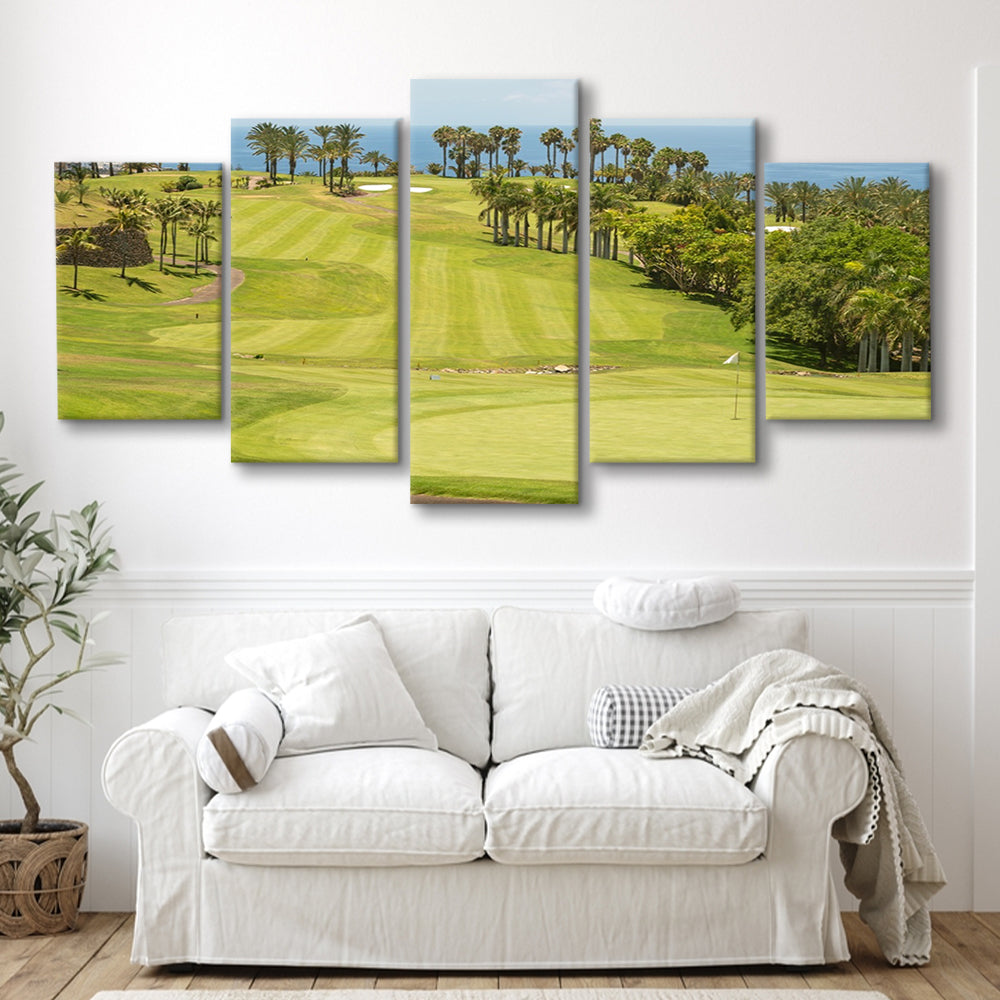 Green Golf Course, Palm And Good Holiday, Golf Art Print, 5 Pieces Mixed Canvas Print Wall Art