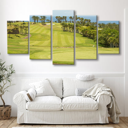 Green Golf Course, Palm And Good Holiday, Golf Art Print, 5 Pieces Mixed Canvas Print Wall Art