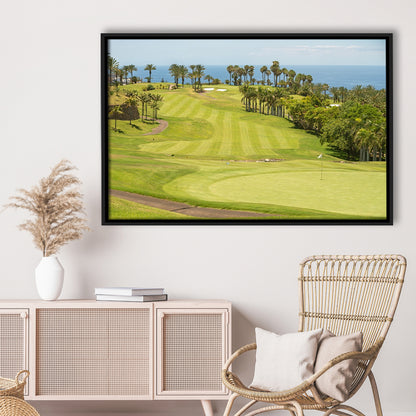 Green Golf Course, Palm And Good Holiday, Floating Framed Canvas Print Wall Art