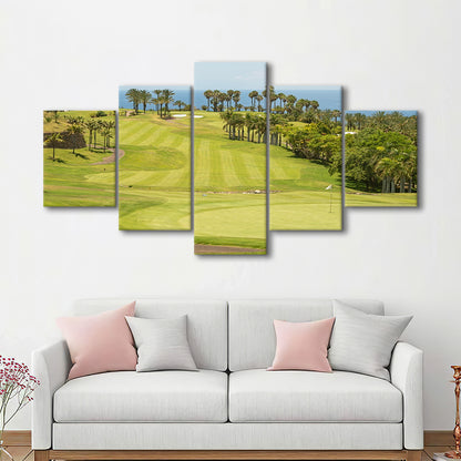 Green Golf Course, Palm And Good Holiday, Golf Art Print, 5 Pieces Mixed Canvas Print Wall Art