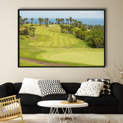 Green Golf Course, Palm And Good Holiday, Floating Framed Canvas Print Wall Art