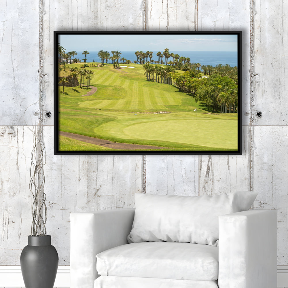 Green Golf Course, Palm And Good Holiday, Floating Framed Canvas Print Wall Art