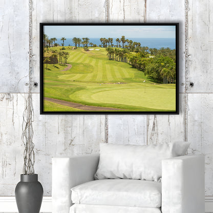 Green Golf Course, Palm And Good Holiday, Floating Framed Canvas Print Wall Art