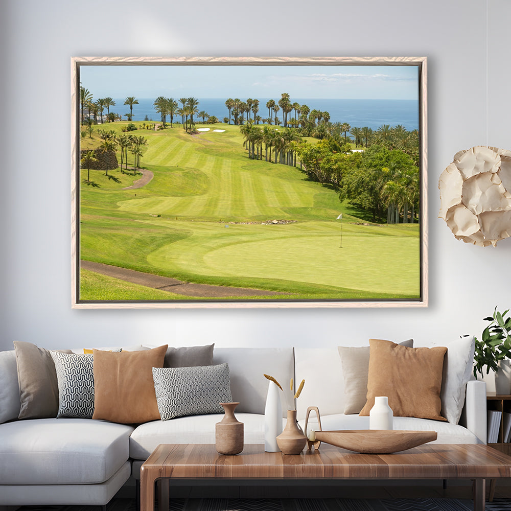 Green Golf Course, Palm And Good Holiday, Floating Framed Canvas Print Wall Art