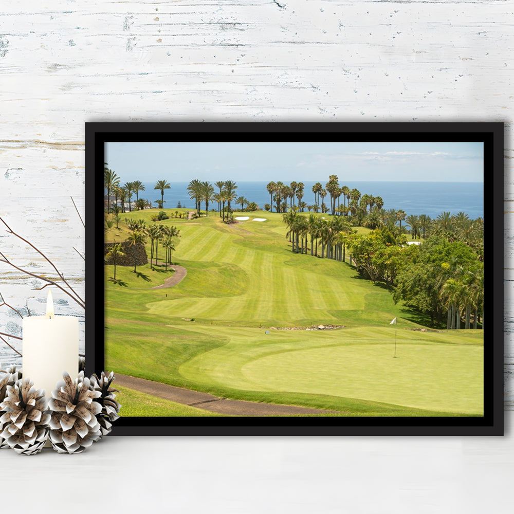 Green Golf Course, Palm And Good Holiday, Floating Framed Canvas Print Wall Art