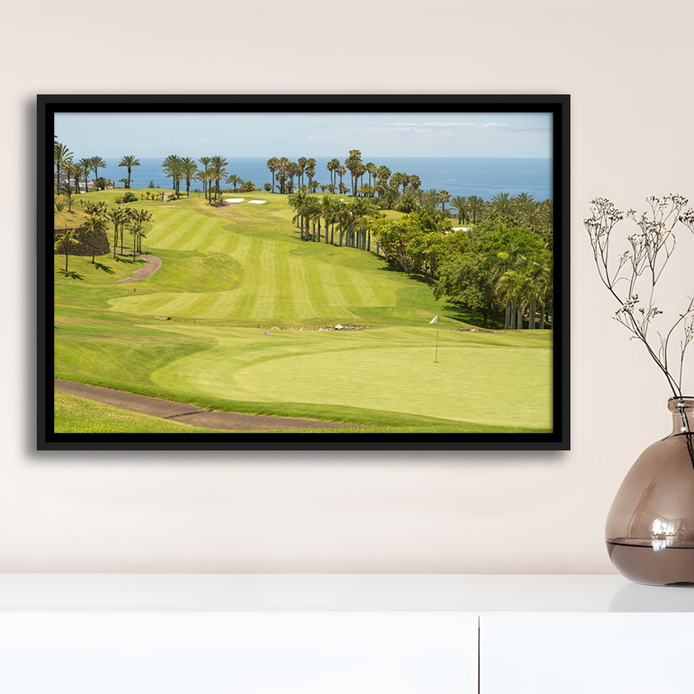Green Golf Course, Palm And Good Holiday, Floating Framed Canvas Print Wall Art
